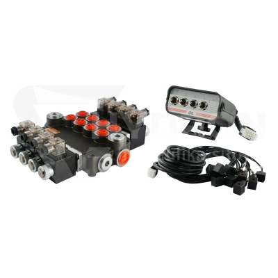 Rozdzielacz hydrauliczny 4 sekcyjny 80L/min sterowany elektrycznie 12V z panelem sterującym z czterema przyciskami