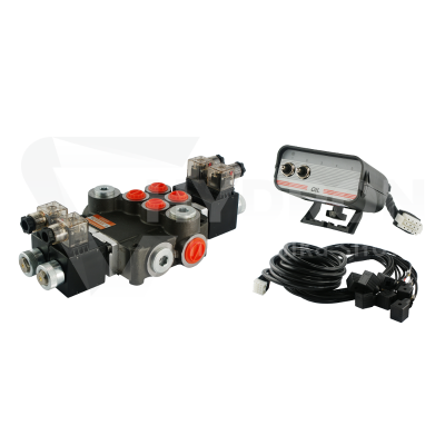 Przejdź do produktu Rozdzielacz hydrauliczny 2 sekcyjny 80L/min sterowany elektrycznie 24V z panelem sterującym z dwoma przyciskami