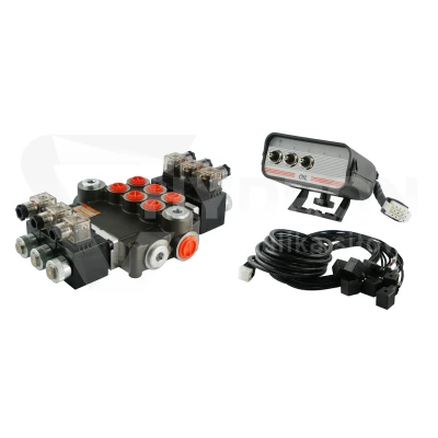 Rozdzielacz hydrauliczny 3 sekcyjny 80L/min sterowany elektrycznie 24V z panelem sterującym z trzema przyciskami