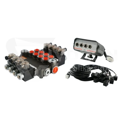 Rozdzielacz hydrauliczny 4 sekcyjny 80L/min sterowany elektrycznie 24V z panelem sterującym z czterema przyciskami