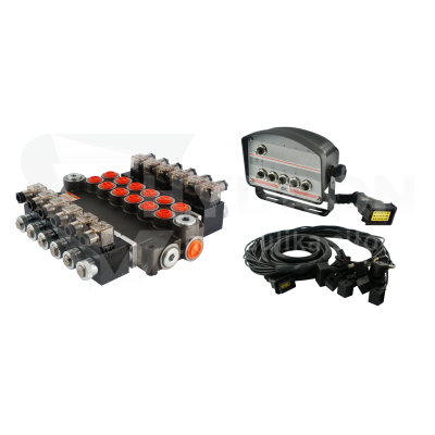 Przejdź do produktu Rozdzielacz hydrauliczny 6 sekcyjny 80L/min sterowany elektrycznie 24V z panelem sterującym z sześcioma przyciskami