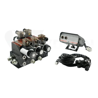 Rozdzielacz hydrauliczny 2 sekcyjny blokowy typu CETOP 03 NG6 sterowany elektrycznie 12V z panelem sterującym z dwoma przyciskami