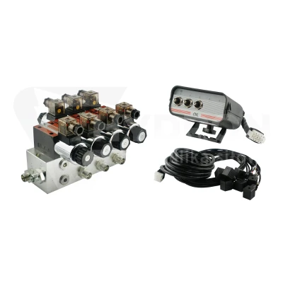 Rozdzielacz hydrauliczny 3 sekcyjny blokowy typu CETOP 03 NG6 sterowany elektrycznie 12V z panelem sterującym z trzema przyciskami