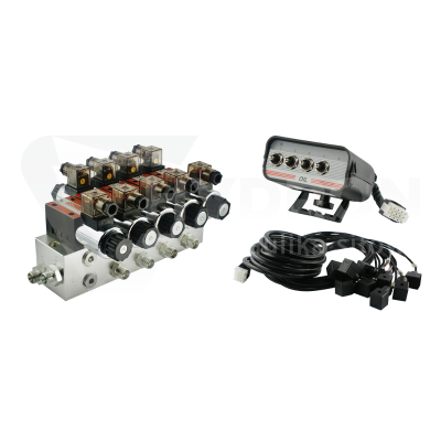 Przejdź do produktu Rozdzielacz hydrauliczny 4 sekcyjny blokowy typu CETOP 03 NG6 sterowany elektrycznie 12V z panelem sterującym z czterema przyciskami