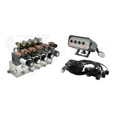 Rozdzielacz hydrauliczny 4 sekcyjny blokowy typu CETOP 03 NG6 sterowany elektrycznie 12V z panelem sterującym z czterema przyciskami