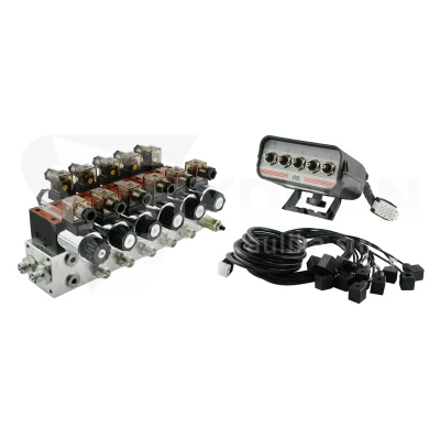 Rozdzielacz hydrauliczny 5 sekcyjny blokowy typu CETOP 03 NG6 sterowany elektrycznie 12V z panelem sterującym z pięcioma przyciskami
