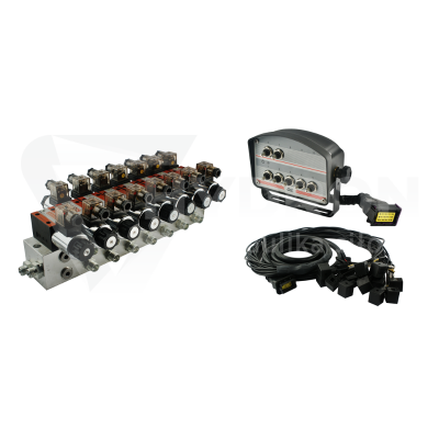 Przejdź do produktu Rozdzielacz hydrauliczny 7 sekcyjny blokowy typu CETOP 03 NG6 sterowany elektrycznie 12V z panelem sterującym z siedmioma przyciskami