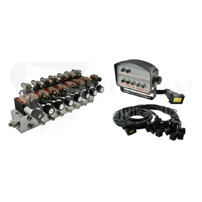Rozdzielacz hydrauliczny 7 sekcyjny blokowy typu CETOP 03 NG6 sterowany elektrycznie 12V z panelem sterującym z siedmioma przyciskami