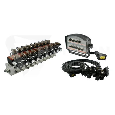 Rozdzielacz hydrauliczny 9 sekcyjny blokowy typu CETOP 03 NG6 sterowany elektrycznie 12V z panelem sterującym z dziewięcioma przyciskami
