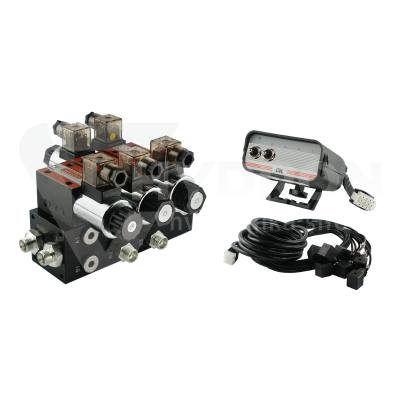 Przejdź do produktu Rozdzielacz hydrauliczny 2 sekcyjny blokowy typu CETOP 03 NG6 sterowany elektrycznie 24V z panelem sterującym z dwoma przyciskami