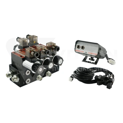 Rozdzielacz hydrauliczny 2 sekcyjny blokowy typu CETOP 03 NG6 sterowany elektrycznie 24V z panelem sterującym z dwoma przyciskami