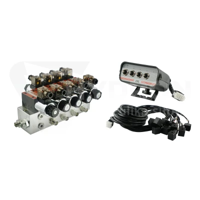 Rozdzielacz hydrauliczny 4 sekcyjny blokowy typu CETOP 03 NG6 sterowany elektrycznie 24V z panelem sterującym z czterema przyciskami