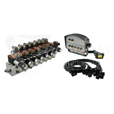 Przejdź do produktu Rozdzielacz hydrauliczny 7 sekcyjny blokowy typu CETOP 03 NG6 sterowany elektrycznie 24V z panelem sterującym z siedmioma przyciskami