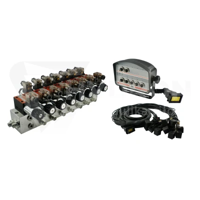 Rozdzielacz hydrauliczny 7 sekcyjny blokowy typu CETOP 03 NG6 sterowany elektrycznie 24V z panelem sterującym z siedmioma przyciskami