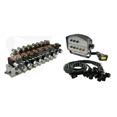 Rozdzielacz hydrauliczny 8 sekcyjny blokowy typu CETOP 03 NG6 sterowany elektrycznie 24V z panelem sterującym z ośmioma przyciskami
