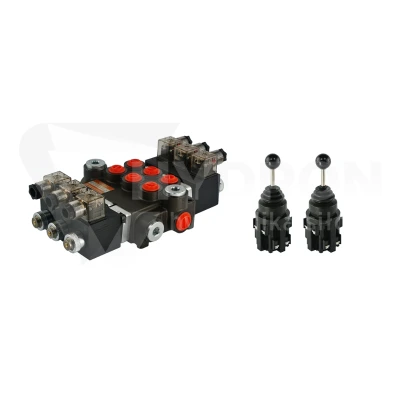 Rozdzielacz hydrauliczny 3 sekcyjny 40L/min sterowany elektrycznie 12V w zestawie z dwoma joystickami elektrycznymi 5 pozycyjnymi