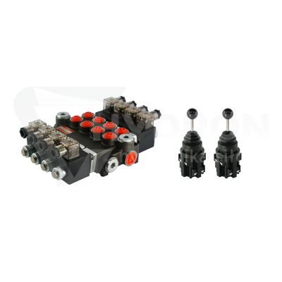 Przejdź do produktu Rozdzielacz hydrauliczny 4 sekcyjny 40L/min sterowany elektrycznie 12V w zestawie z dwoma joystickami elektrycznymi 5 pozycyjnymi
