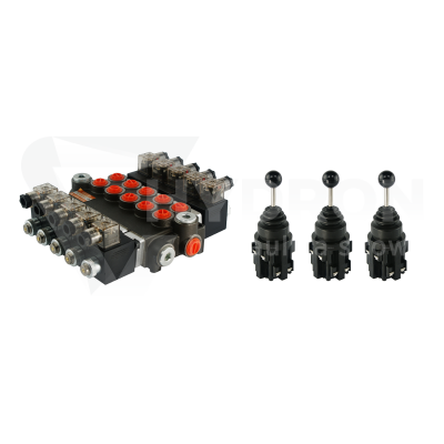 Przejdź do produktu Rozdzielacz hydrauliczny 5 sekcyjny 40L/min sterowany elektrycznie 12V w zestawie z trzema joystickami elektrycznymi 5 pozycyjnymi