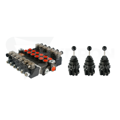 Przejdź do produktu Rozdzielacz hydrauliczny 6 sekcyjny 40L/min sterowany elektrycznie 12V w zestawie z trzema joystickami elektrycznymi 5 pozycyjnymi
