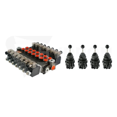 Rozdzielacz hydrauliczny 3 sekcyjny 40L/min sterowany elektrycznie 12V w zestawie z dwoma joystickami elektrycznymi 5 pozycyjnymi