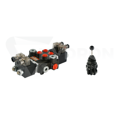 Przejdź do produktu Rozdzielacz hydrauliczny 2 sekcyjny 40L/min sterowany elektrycznie 24V w zestawie z joystickiem elektrycznym 5 pozycyjnym