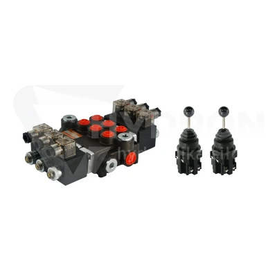 Rozdzielacz hydrauliczny 3 sekcyjny 40L/min sterowany elektrycznie 24V w zestawie z dwoma joystickami elektrycznymi 5 pozycyjnymi
