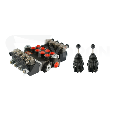 Przejdź do produktu Rozdzielacz hydrauliczny 4 sekcyjny 40L/min sterowany elektrycznie 24V w zestawie z dwoma joystickami elektrycznymi 5 pozycyjnymi
