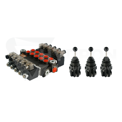Przejdź do produktu Rozdzielacz hydrauliczny 5 sekcyjny 40L/min sterowany elektrycznie 24V w zestawie z trzema joystickami elektrycznymi 5 pozycyjnymi
