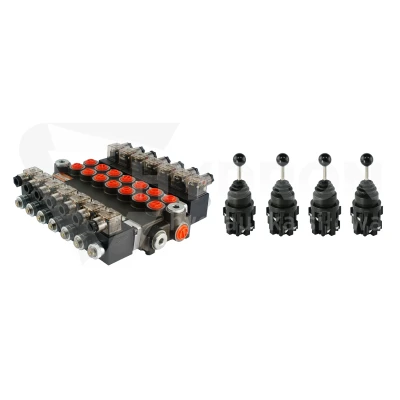 Rozdzielacz hydrauliczny 7 sekcyjny 40L/min sterowany elektrycznie 24V w zestawie z czterema joystickami elektrycznymi 5 pozycyjnymi