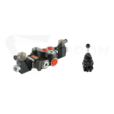 Przejdź do produktu Rozdzielacz hydrauliczny 1 sekcyjny 80L/min sterowany elektrycznie 12V w zestawie z joystickiem elektrycznym 5 pozycyjnym