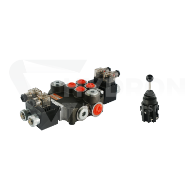 Przejdź do produktu Rozdzielacz hydrauliczny 2 sekcyjny 80L/min sterowany elektrycznie 12V w zestawie z joystickiem elektrycznym 5 pozycyjnym
