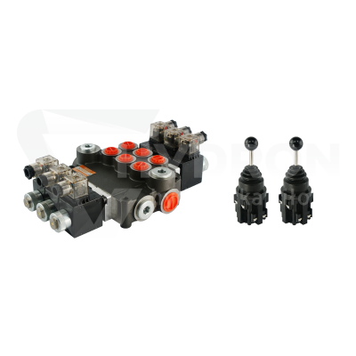 Przejdź do produktu Rozdzielacz hydrauliczny 3 sekcyjny 80L/min sterowany elektrycznie 12V w zestawie z dwoma joystickami elektrycznymi 5 pozycyjnymi