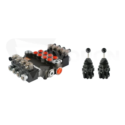Rozdzielacz hydrauliczny 4 sekcyjny 80L/min sterowany elektrycznie 12V w zestawie z dwoma joystickami elektrycznymi 5 pozycyjnymi