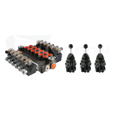 Przejdź do produktu Rozdzielacz hydrauliczny 6 sekcyjny 80L/min sterowany elektrycznie 12V w zestawie z trzema joystickami elektrycznymi 5 pozycyjnymi