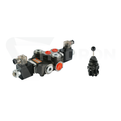 Przejdź do produktu Rozdzielacz hydrauliczny 1 sekcyjny 80L/min sterowany elektrycznie 24V w zestawie z joystickiem elektrycznym 5 pozycyjnym