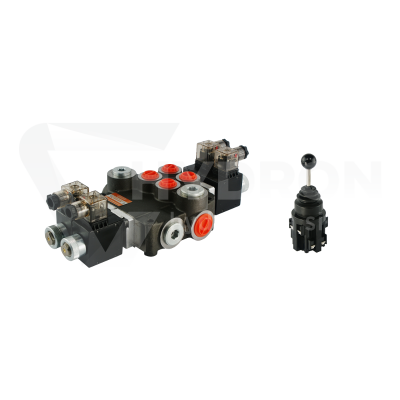 Przejdź do produktu Rozdzielacz hydrauliczny 2 sekcyjny 80L/min sterowany elektrycznie 24V w zestawie z joystickiem elektrycznym 5 pozycyjnym