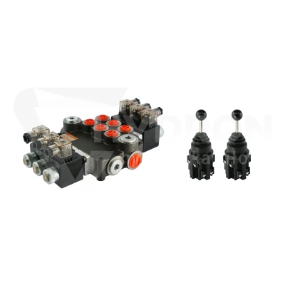 Rozdzielacz hydrauliczny 3 sekcyjny 80L/min sterowany elektrycznie 24V w zestawie z dwoma joystickami elektrycznymi 5 pozycyjnymi