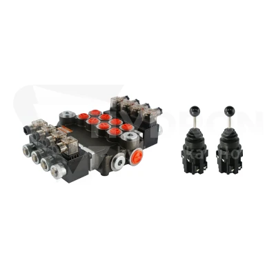 Rozdzielacz hydrauliczny 4 sekcyjny 80L/min sterowany elektrycznie 24V w zestawie z dwoma  joystickami elektrycznymi 5 pozycyjnymi