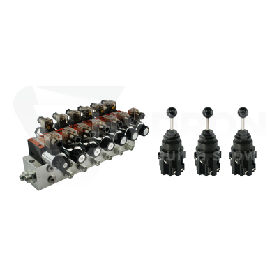 Przejdź do produktu Rozdzielacz hydrauliczny 6 sekcyjny blokowy typu CETOP 03 NG6 sterowany elektrycznie 12V w zestawie z trzema joystickami elektrycznymi 5 pozycyjnymi