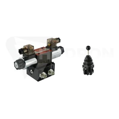 Rozdzielacz hydrauliczny 1 sekcyjny blokowy typu CETOP 03 NG6 sterowany elektrycznie 24V w zestawie z joystickiem elektrycznym 5 pozycyjnym