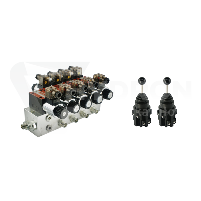 Przejdź do produktu Rozdzielacz hydrauliczny 4 sekcyjny blokowy typu CETOP 03 NG6 sterowany elektrycznie 24V w zestawie z dwoma joystickami elektrycznymi 5 pozycyjnymi