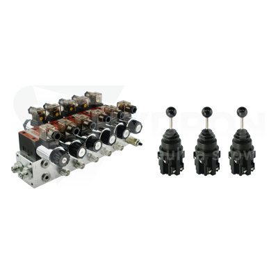 Przejdź do produktu Rozdzielacz hydrauliczny 5 sekcyjny blokowy typu CETOP 03 NG6 sterowany elektrycznie 24V w zestawie z trzema joystickami elektrycznymi 5 pozycyjnymi