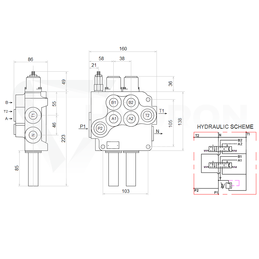 Zestaw hydrauliczny 2 sekcyjny: rozdzielacz 80L + joystick z jednym przyciskiem + dwie linki 1m