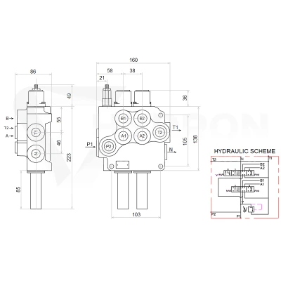 Zestaw hydrauliczny 2 sekcyjny: rozdzielacz 80L z sekcją pływającą + joystick z jednym przyciskiem + dwie linki 3m