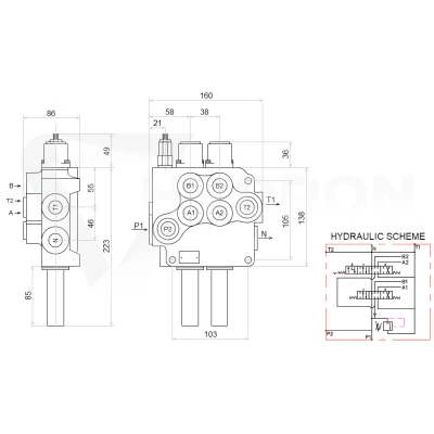 Zestaw hydrauliczny 3 sekcyjny: rozdzielacz 80L z sekcją pływającą + elektrozawór 6/2 + joystick z jednym przyciskiem + dwie linki 1m