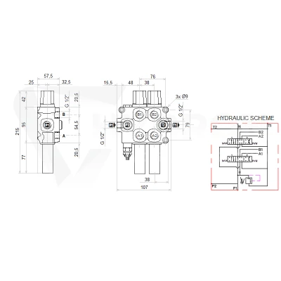 Zestaw hydrauliczny 3 sekcyjny: rozdzielacz 60L + elektrozawór 6/2 + joystick z jednym przyciskiem + dwie linki 1m