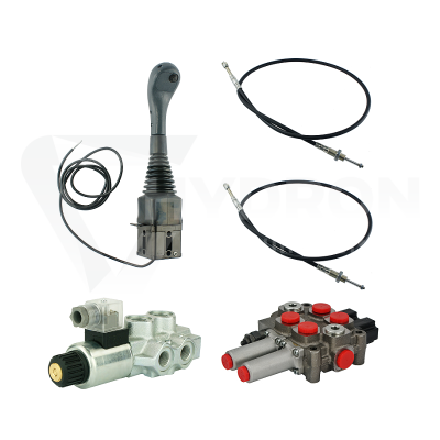 Przejdź do produktu Zestaw hydrauliczny 3 sekcyjny: rozdzielacz 60L z sekcją pływającą + elektrozawór 6/2 + joystick z jednym przyciskiem + dwie linki 1m