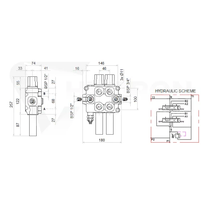 Zestaw hydrauliczny 3 sekcyjny: rozdzielacz 90L + elektrozawór 6/2 + joystick z jednym przyciskiem + dwie linki 2,5m