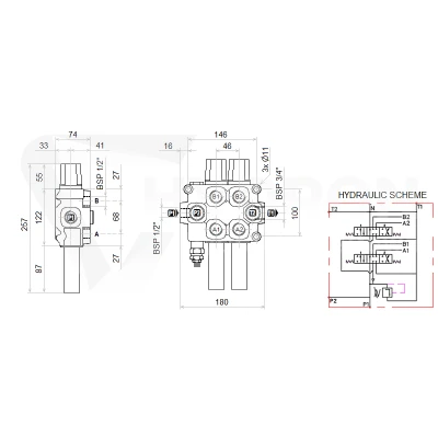 Zestaw hydrauliczny 4 sekcyjny: rozdzielacz 90L + dwa elektrozawory 6/2 + joystick z dwoma przyciskami + dwie linki 2m