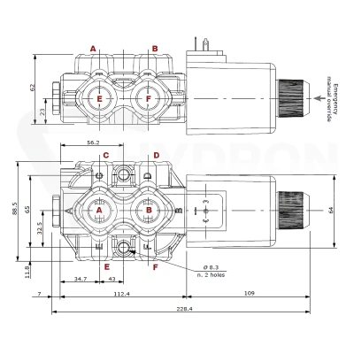 Zestaw hydrauliczny 4 sekcyjny: rozdzielacz 90L + dwa elektrozawory 6/2 + joystick z dwoma przyciskami + dwie linki 2,5m